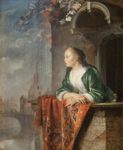Jonge vrouw op een balkon door Gerrit Dou