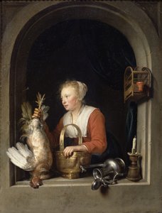 De Nederlandse Huisvrouw of De Vrouw die een Haan in het Raam Hangt, 1650