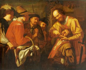 Een kwakzalver tandarts die een tand trekt, terwijl een groep toeschouwers toekijkt door Gerrit van Honthorst
