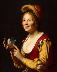 Lachend meisje, een courtisane, met een obsceen beeld in haar hand door Gerrit van Honthorst