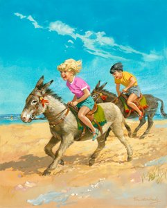 Jongen en meisje rijden op ezels op het strand