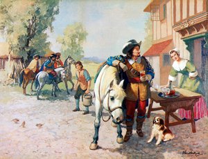 Vier cavaliers op weg naar Londen op zoek naar een hond die de eerste King Charles Spaniel werd