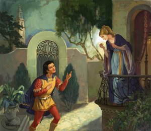 Ongeïdentificeerde balkonscène, mogelijk Romeo en Julia