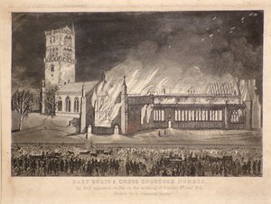 Oost-, Zuid- en Kruiskerken, Dundee, zoals ze in brand stonden op zondag 3 januari 1841 door Gershom Gourlay Cumming