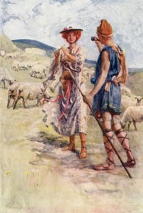 Calidore en Pastorella (kleur litho) door Gertrude E. Demain (after) Hammond