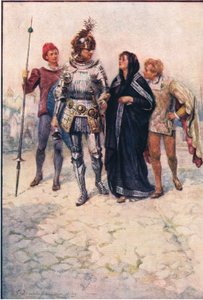Prins Arthur leidt Belge en haar zonen het kasteel binnen, verhalen uit de Faerie Queen uitgegeven door George Harrap and Company door Gertrude E. Demain (after) Hammond