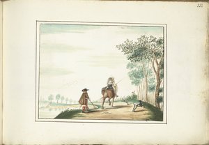 Heer en dame te paard en een voetganger in een landschap door Gesina ter Borch (signed by artist)