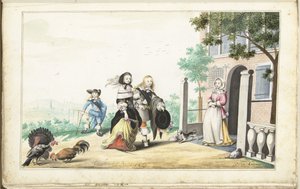 Stel begroet een dame bij de deur van een landhuis door Gesina ter Borch (signed by artist)