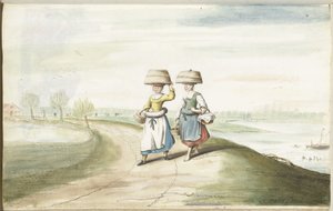 Twee boerenvrouwen lopend in een landschap