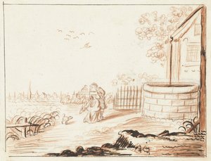 Heer en dame elkaar begroetend voor een landhuis door Gesina ter Borch