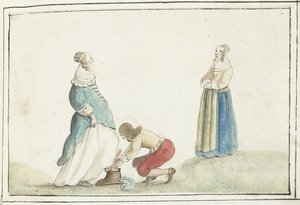 Heer strikt de schoen van een dame door Gesina ter Borch