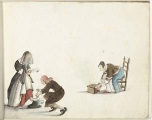 Heer strikt de schoen van een dame en een vrouw doet vuur in een stoof door Gesina ter Borch