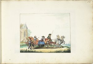 Jongetje bedelend bij de koets van een elegant paar door Gesina ter Borch