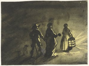 Nachtstuk: echtpaar lopend achter een vrouw met een lantaarn, van achteren