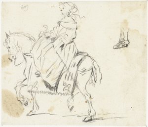 Vrouw te paard, van opzij gezien, met schetsje van een onderbeen en voet door Gesina ter Borch