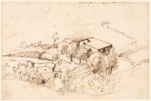 Boerderij met Bomen in een Heuvelachtig Landschap (verso) door Gherardo Cibo
