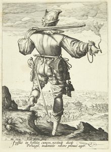 Een musketier van achteren gezien door Gheyn, Jacques II de
