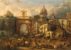 Italië, Napels, Markt bij Porta Capuana door Giacinto Gigante