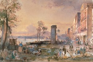Uitzicht op Napels vanaf Marinella, door Giacinto Gigante (1806-1876), potlood, aquarel en ceruse (wit lood) op papier, Italië