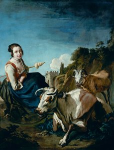 Een meisje met een koe en schapen in een rotsachtig landschap, c.1700