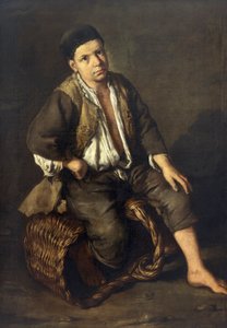 Boodschappenjongen zittend op een mand door Giacomo Ceruti
