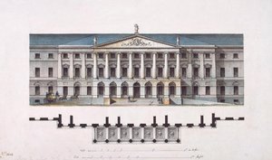 Project van Smolny Instituut. De hoofdgevel en de begane grond plattegrond, 1806-1808