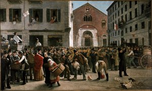 Fondsenwerving in corso Garibaldi in Milaan voor de slachtoffers van overstromingen nabij Verona, 24 december 1882 door Giacomo Campi
