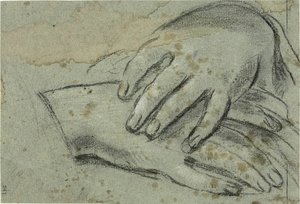 Gekruiste handen (recto); rechtervoet, gedeeltelijk bedekt door draperie (verso)
