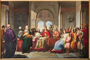 Frederik II ontvangt een boek van Aristoteles van Michael Scot