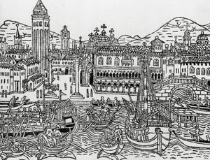 Uitzicht op Venetië in de 15e eeuw, Italië, houtsnede, uit Supplementum chronicarum door Giacomo Filippo Foresti (1434-1520) door Giacomo Filippo Foresti