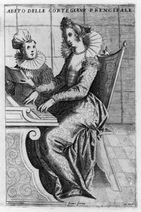 Een courtisane in elegante jurk speelt piano. Gravure door Giacomo Franco uit 