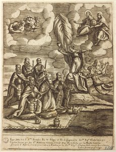 Allegorie van de Heilige Liga van 1571 gesloten door paus Pius V, Filips van Spanje en Doge van Venetië Alvise Mocenigo, gravure door Giacomo Franco (1556-1620)