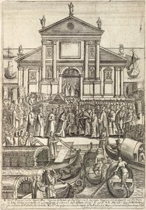 De Doge en zijn entourage luisteren naar de vesper op Eerste Kerstdag in de San Giorgio Maggiore Kerk in Venetië