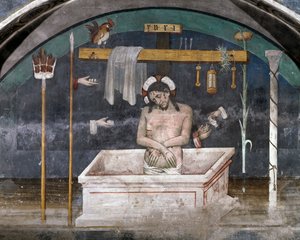 Christus omringd door symbolen van de Passie, fresco door Giacomo Jaquerio (1375-1453), abdij van Sint-Antonius van Ranverso, Buttigliera Alta, Piëmont, Italië