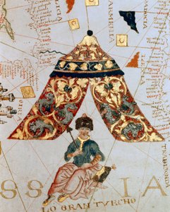 Detail van een kaart door de cartograaf Giacomo de Maggiolo die Sultan Soliman I afbeeldt, genaamd de Grote Turk. Miniatuur. Maritiem Museum, Genua door Giacomo Maggiolo