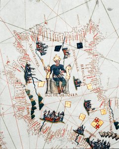 Voorstelling van de koning van Spanje en de kusten van Europa en Noord-Afrika (portulan) door Giacomo Maggiolo