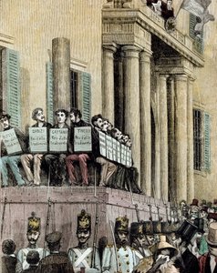Risorgimento: leden van de Giovine Italia-beweging voor het Paleis van Justitie in Milaan, luisterend naar het vonnis dat hen veroordeelt tot ballingschap in 1848