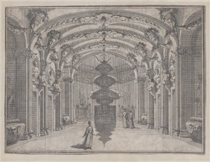Theaterscène in een grote zaal met een gewelfd plafond en een centraal beeld, ca. 1687-1717 door Giacomo Maria Giovannini