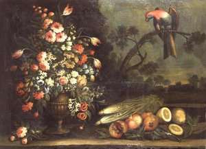 Stilleven, gemengde bloemen, groenten en papegaai door Giacomo Nani