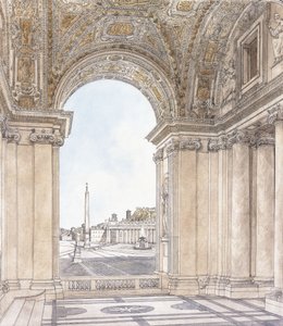 Een uitzicht op het Piazza San Pietro, Rome, kijkend naar het zuiden vanaf de portiek van de basiliek, voor 1779