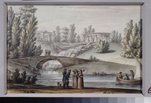 De tempel van Apollo en de waterval in het Pavlovsk park (Sint-Petersburg)