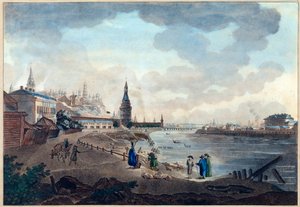 Uitzicht op het Kremlin van Moskou vanaf de stenen brug over de Moskva