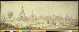 Uitzicht op de wijk Kolomenskoje in Moskou, links de Hemelvaartskerk