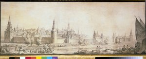 Panoramisch uitzicht op het Kremlin van Moskou aan het einde van de 18e eeuw