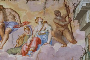 Ceres (godin van de oogst met een bundel aren) en Diana (godin van de jacht met de boog), detail van de Kamer van Olympus, ca.1557