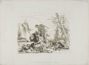 Een vrouw met haar armen in kettingen en vier andere figuren, uit Capricci door Giambattista Tiepolo