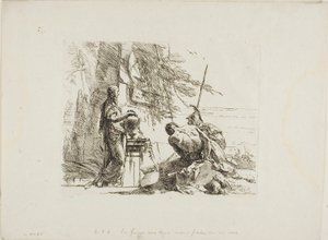Een vrouw met haar handen op een vaas, soldaat en slaaf, uit Capricci door Giambattista Tiepolo