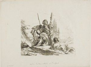 Drie soldaten en een jongen, uit Capricci door Giambattista Tiepolo