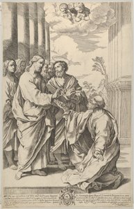 Christus geeft de sleutels van de kerk aan Sint-Pieter die voor hem knielt, naar Guido door Gian Battista Bolognini