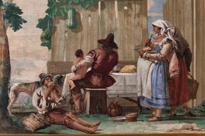 Boerenfamilie aan tafel, uit de kamer van rustieke scènes, in de Foresteria (Gastenverblijf) 1757 (fresco)